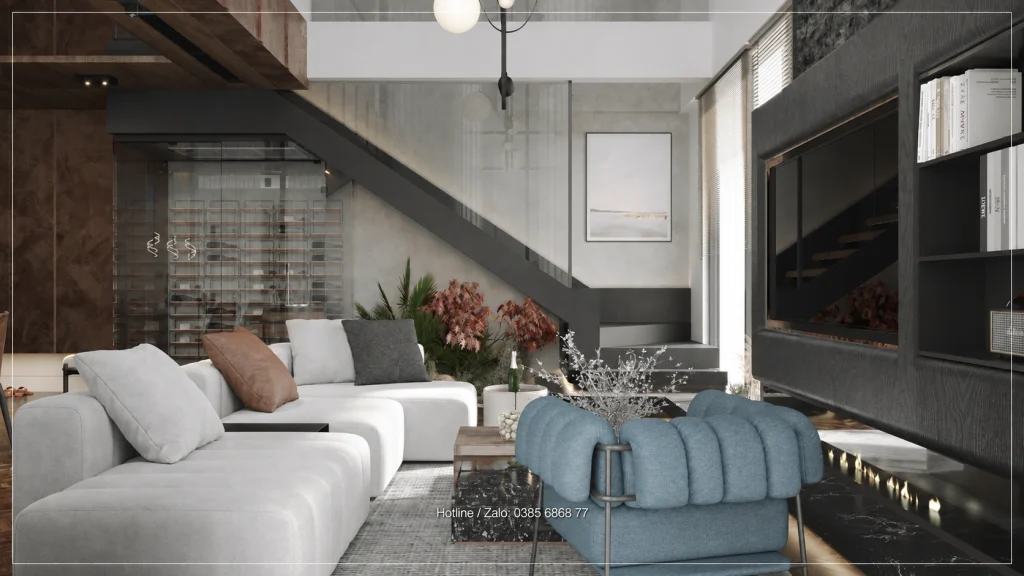 Sofa sáng màu và cầu thang tối màu trong phòng khách Penthouse Sky Oasis