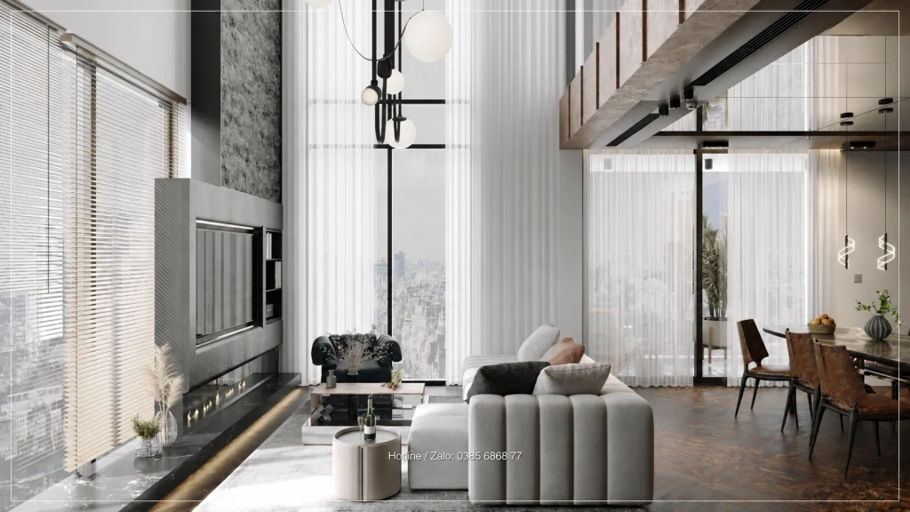 Phối cảnh tổng thể phòng khách thông tầng Penthouse Sky Oasis với cửa kính cao và sofa sáng màu