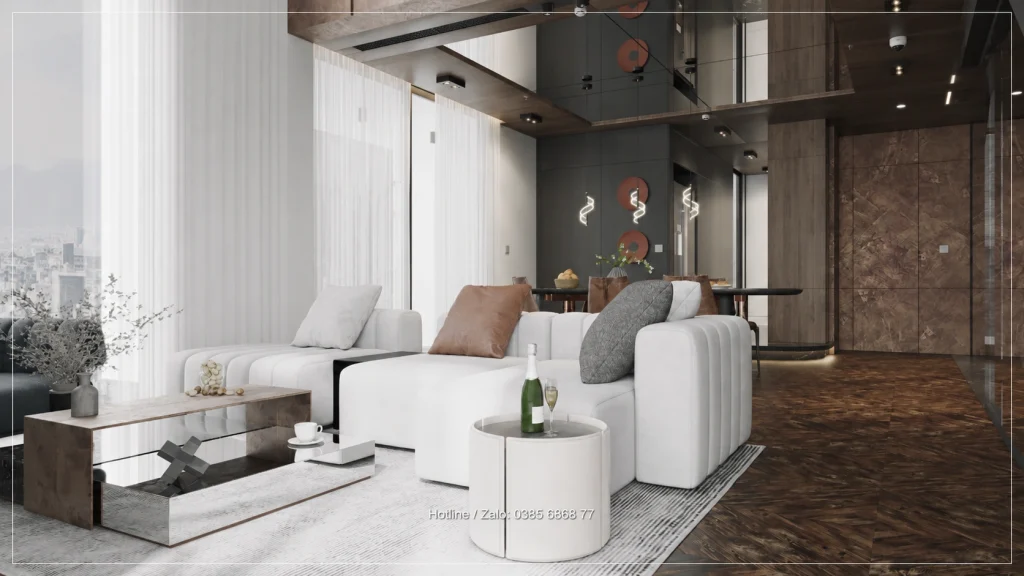 Góc nhìn từ khu ngồi về bàn ăn và sàn tầng trên Penthouse Sky Oasis
