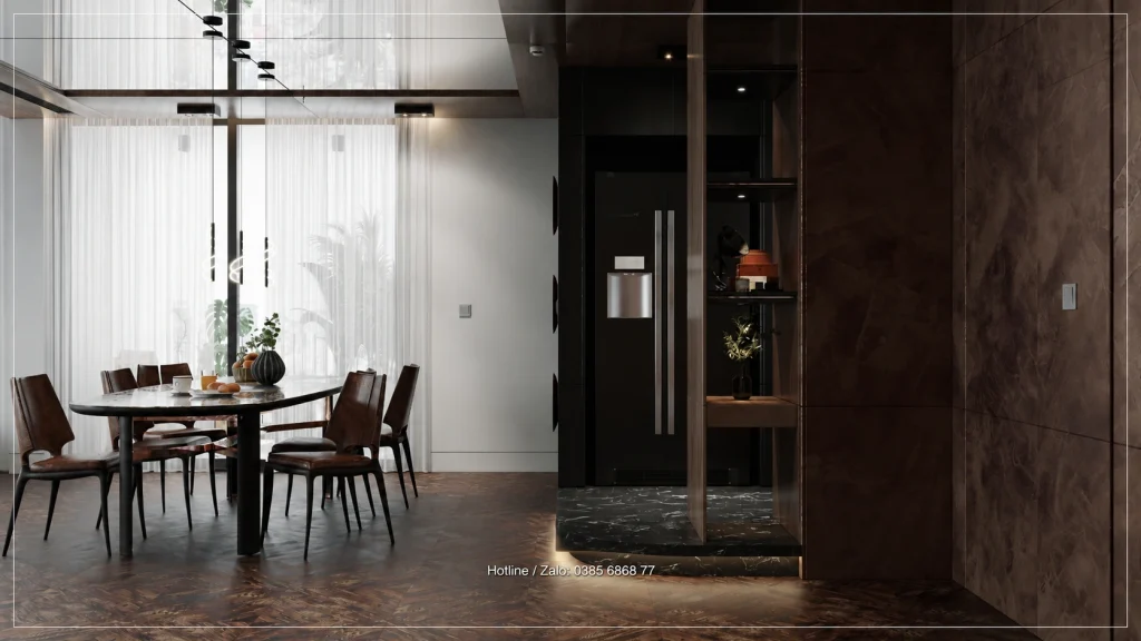 Sảnh Penthouse Sky Oasis nhìn qua vách chia đứng về bàn ăn