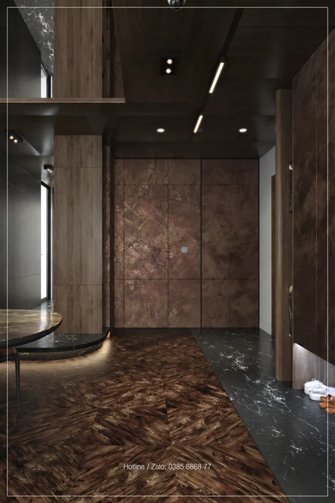 Phối cảnh đứng khu sảnh với cửa, mặt sàn tối và vách vân nâu Penthouse Sky Oasis