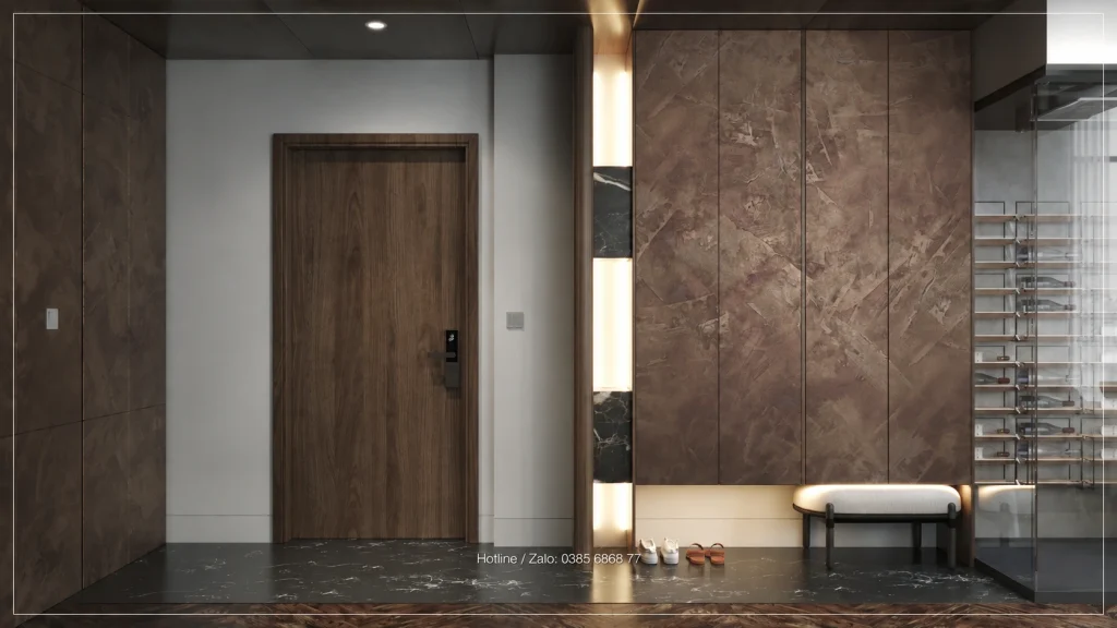 Cửa vào và ghế nhỏ cạnh vách kính dưới cầu thang Penthouse Sky Oasis