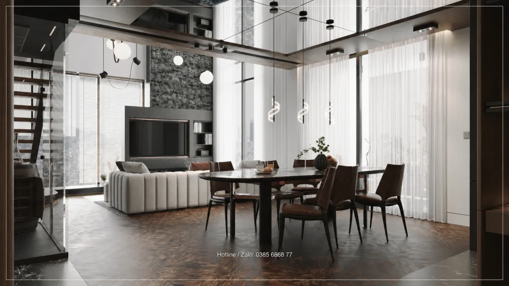 Phối cảnh bàn ăn nhìn về phòng khách và cửa kính Penthouse Sky Oasis