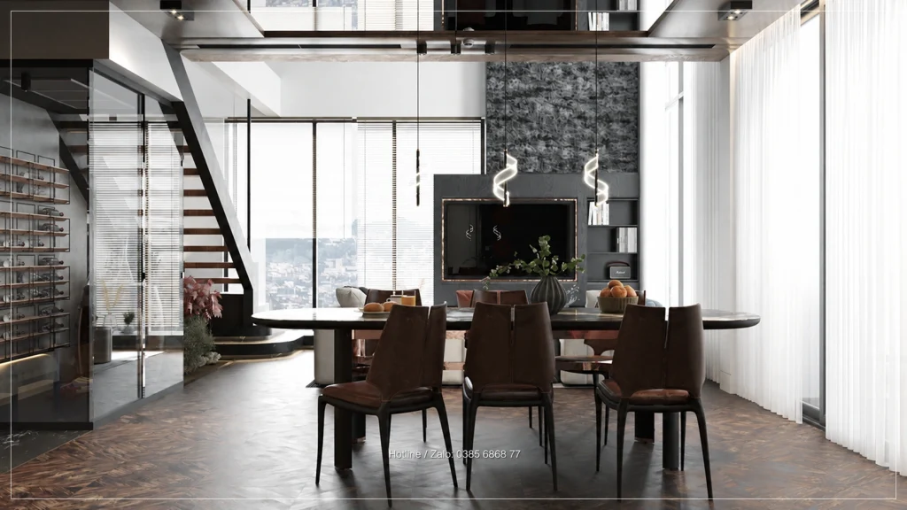 Bàn ăn nhìn về mảng tivi và cầu thang trong Penthouse Sky Oasis