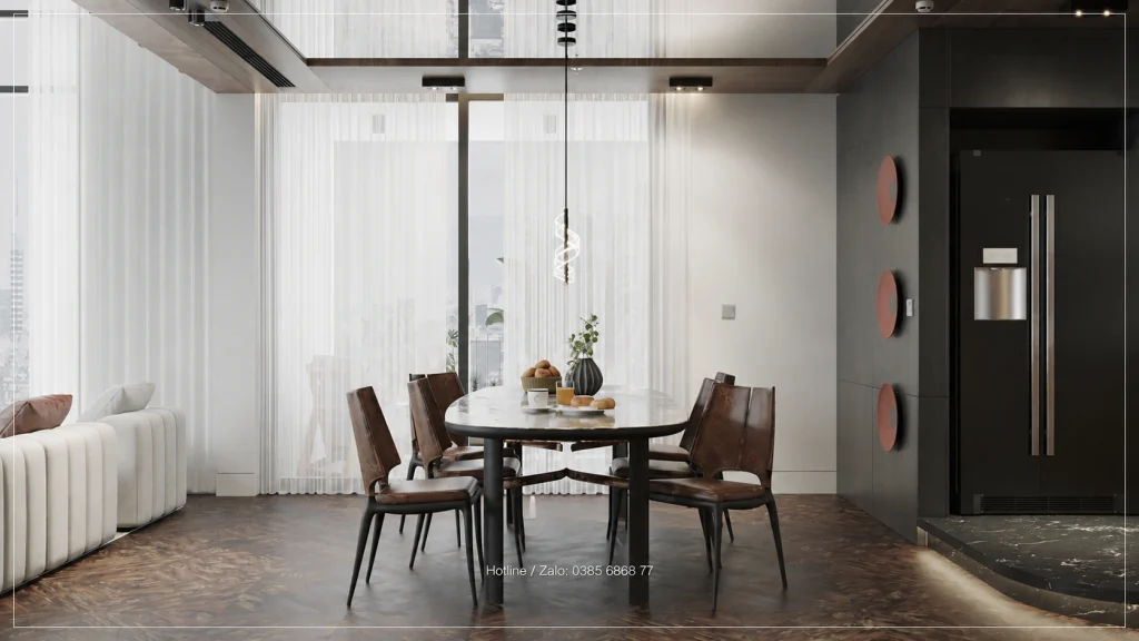 Bàn ăn mặt tối cạnh rèm trắng và hệ vách chia đứng Penthouse Sky Oasis