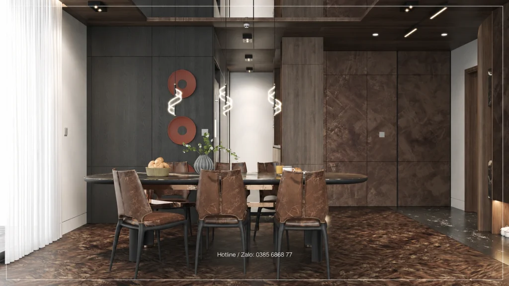 Góc nhìn trực diện bàn ăn và đèn thả Penthouse Sky Oasis