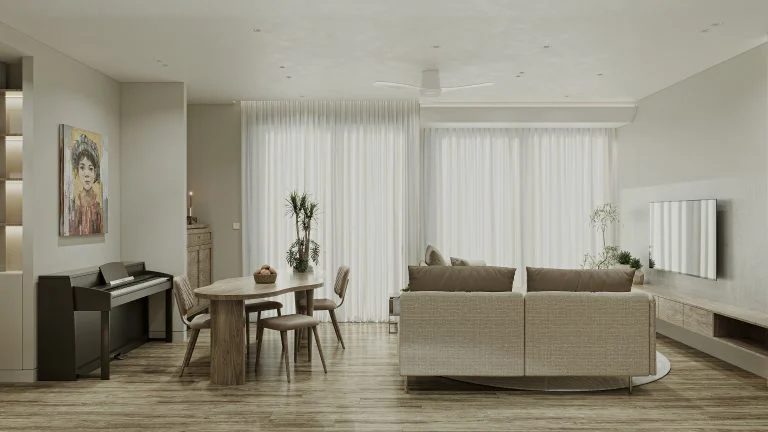 Sofa sáng màu, bàn ăn bo góc và góc đàn piano cạnh cửa sổ