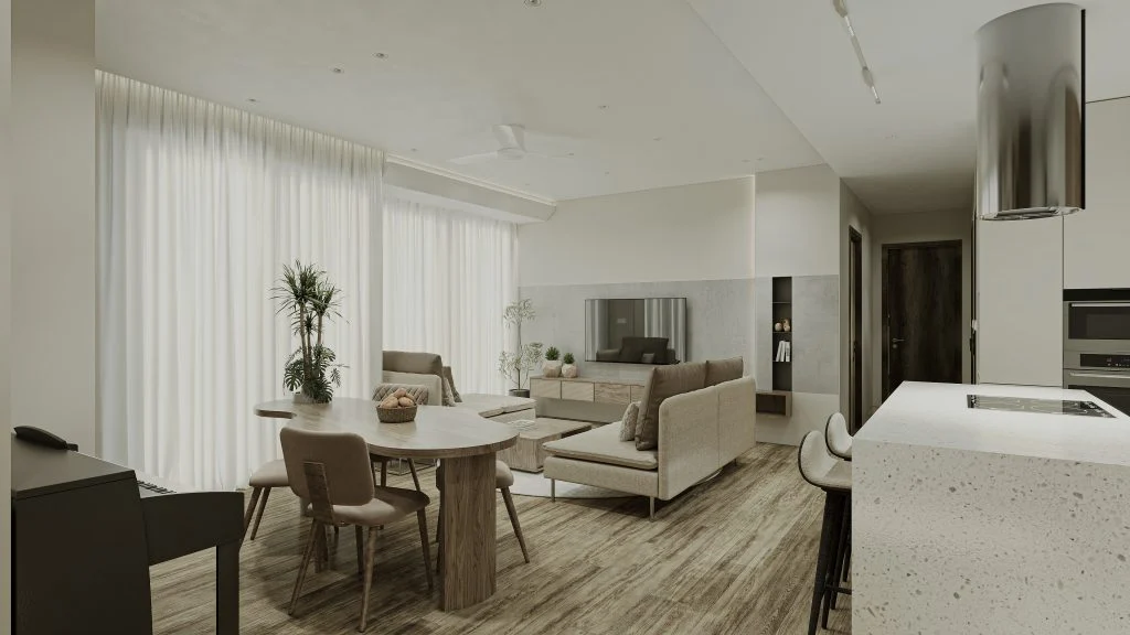 Góc nhìn từ đảo bếp sang bàn ăn và phòng khách