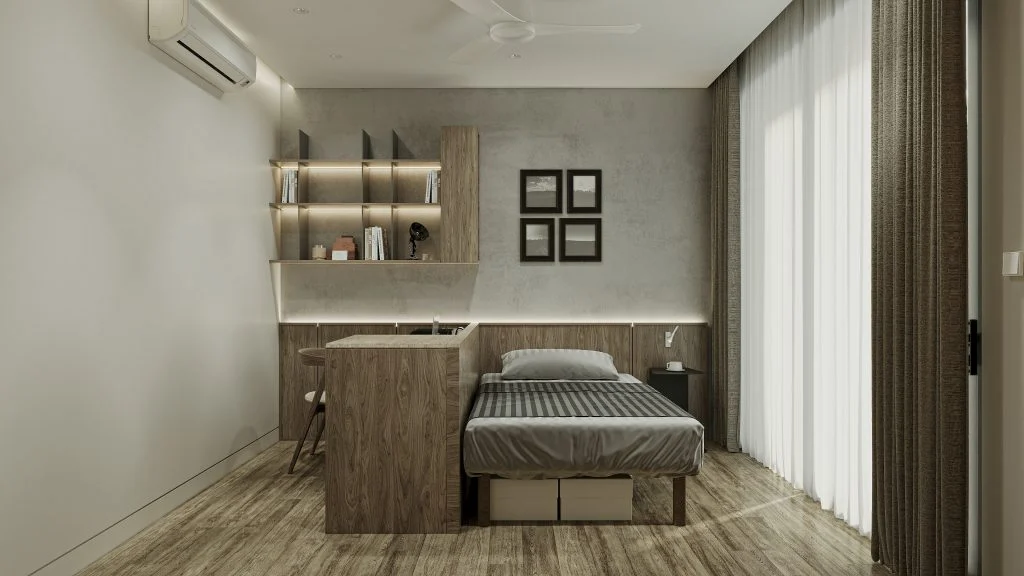 Phòng ngủ có bàn học kết hợp vách thấp cạnh giường