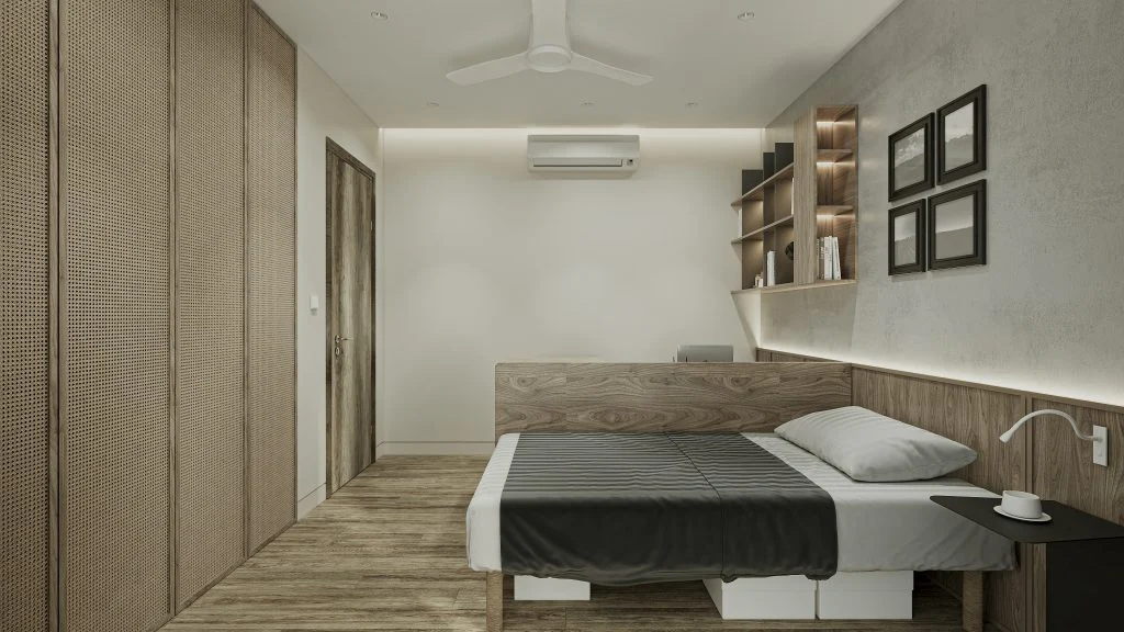 Giường ngủ và tủ quần áo cao với cánh dạng đan
