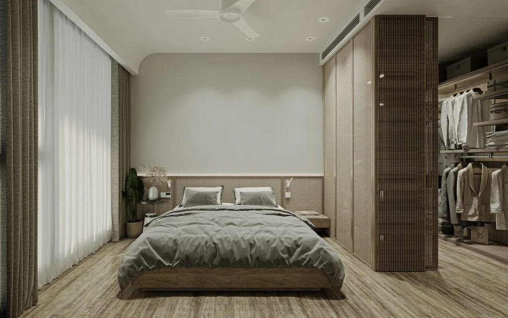 Phòng ngủ chính cạnh cửa sổ với hệ tủ thay đồ