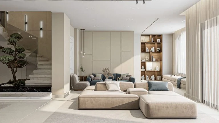 Không gian phòng khách hiện đại với sofa xanh và nền sáng tại Hà Đông