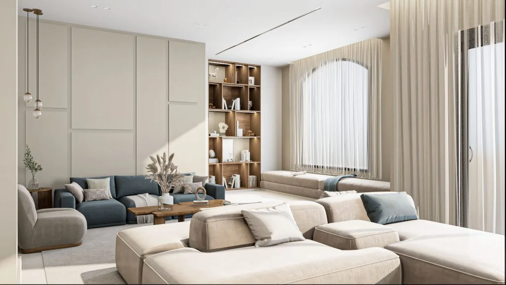 Phòng khách Hà Đông với sofa xanh và cửa sổ lớn có rèm