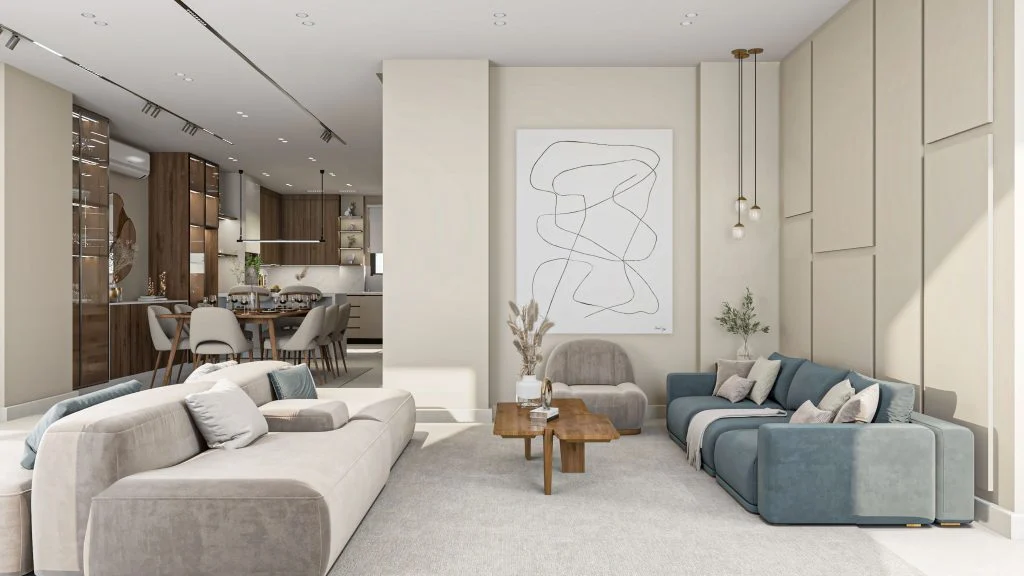 Hai nhóm sofa sáng màu và xanh trầm trong phòng khách hiện đại