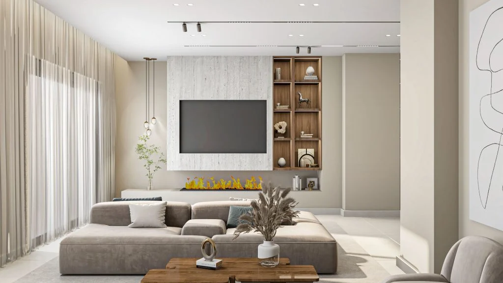 Vách TV sáng màu kết hợp kệ trưng bày vân gỗ tại Hà Đông