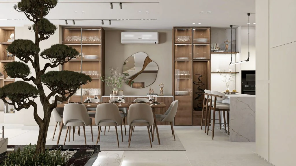 Bàn ăn đặt trước hệ tủ kính trưng bày có đèn