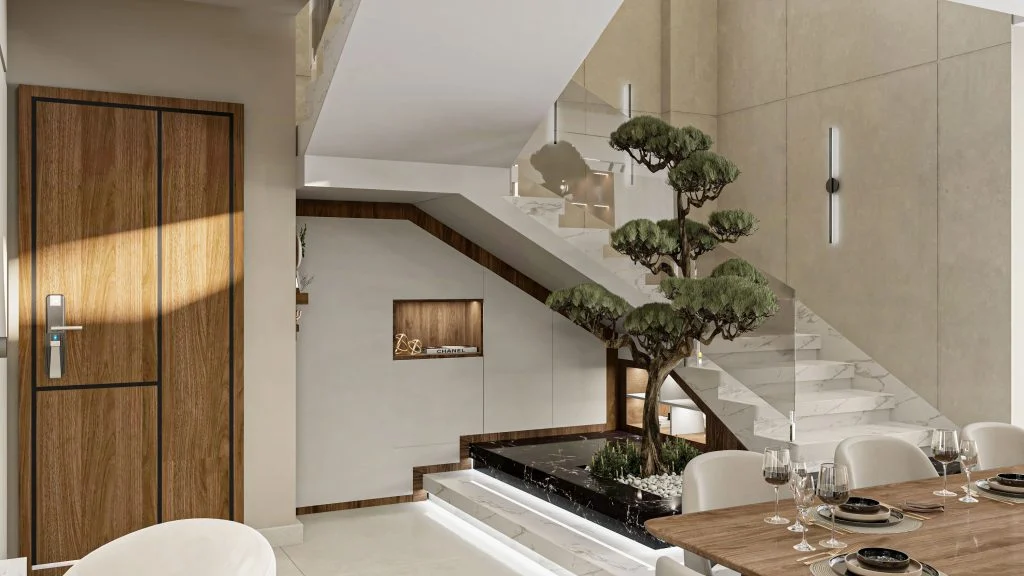 Cầu thang lan can kính với cây trang trí và hốc trưng bày