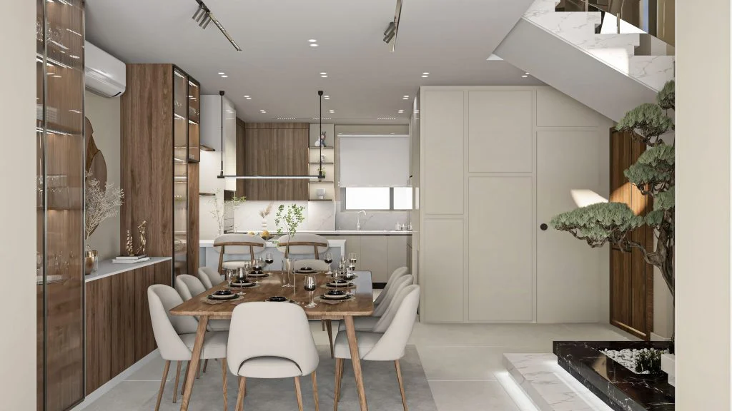 Tổng thể bàn ăn liên thông bếp cạnh khu vực cầu thang