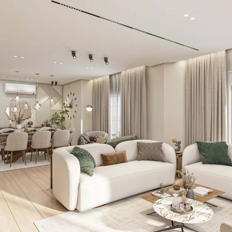 Không gian nội thất Scandinavian Modern với sofa sáng màu tại Ocean Park