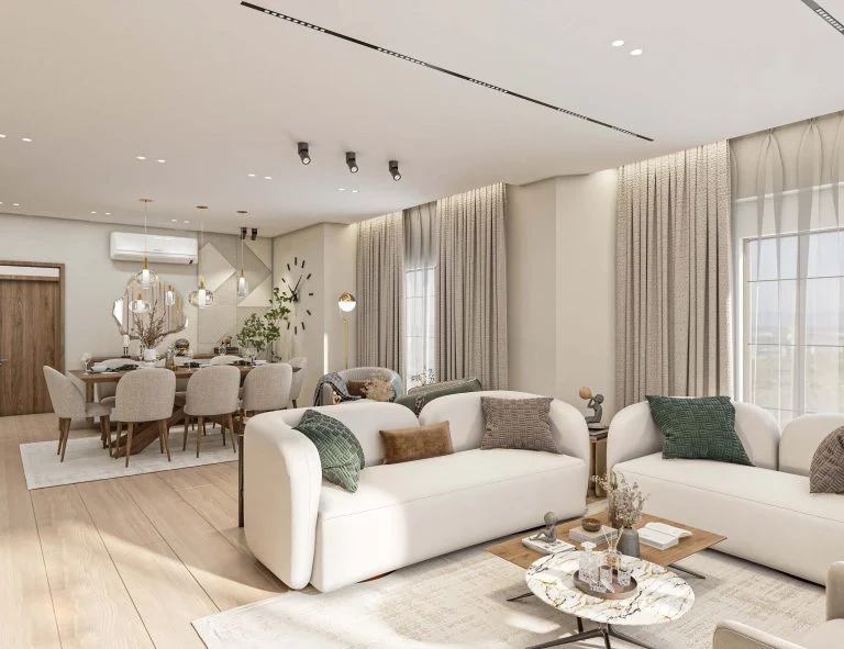 Không gian nội thất Scandinavian Modern với sofa sáng màu tại Ocean Park