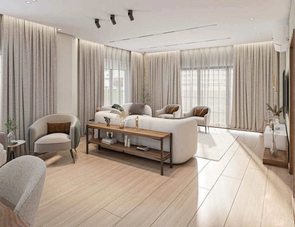 Góc nhìn sau sofa về cửa kính và phòng khách Scandinavian Modern