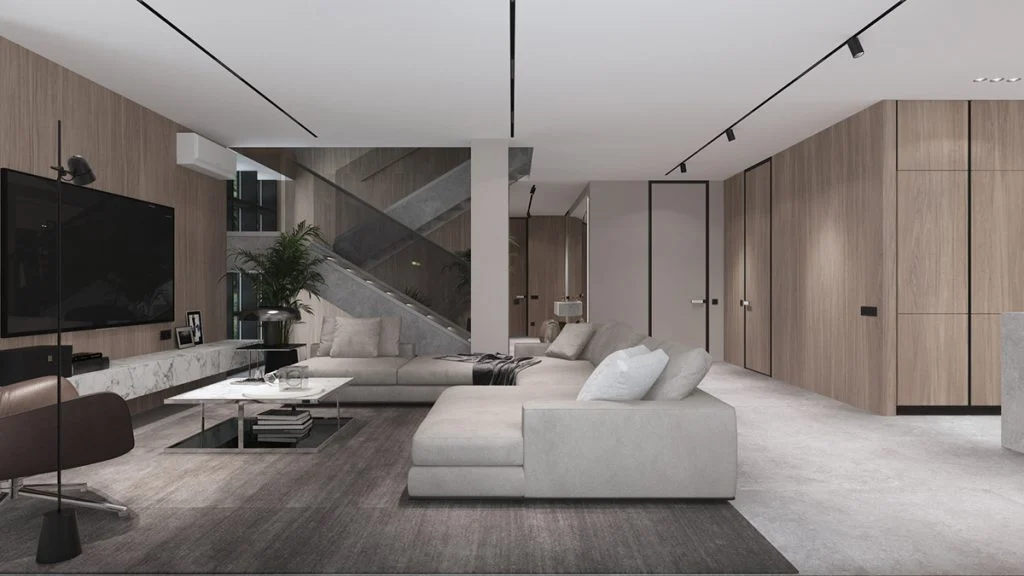 Phòng khách biệt thự Chương Mỹ với sofa sáng màu và mảng tường tivi tông gỗ