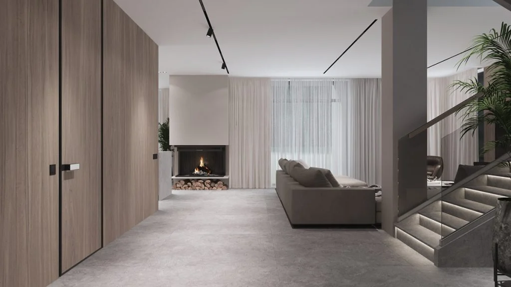 Góc hành lang nhìn về sofa và cầu thang phía sau khu khách biệt thự Chương Mỹ