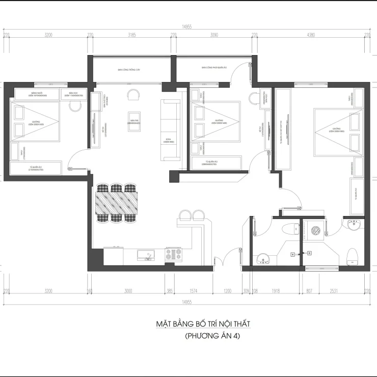 Mặt bằng bố trí nội thất phương án 4 của căn hộ CT4 Mễ Trì