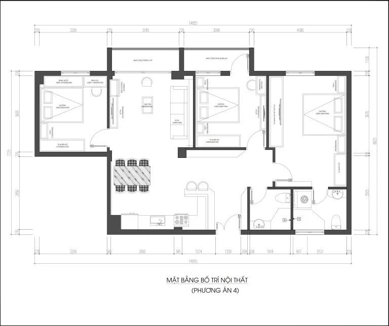 Mặt bằng bố trí nội thất phương án 4 của căn hộ CT4 Mễ Trì