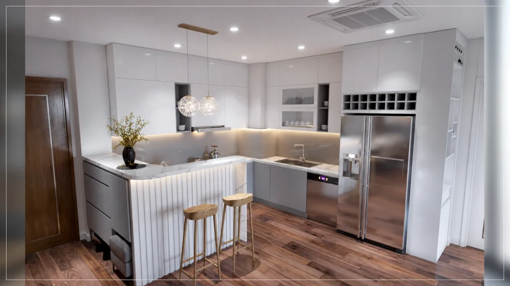 Phối cảnh góc bếp với mặt bàn, quầy, chậu rửa và tủ lạnh