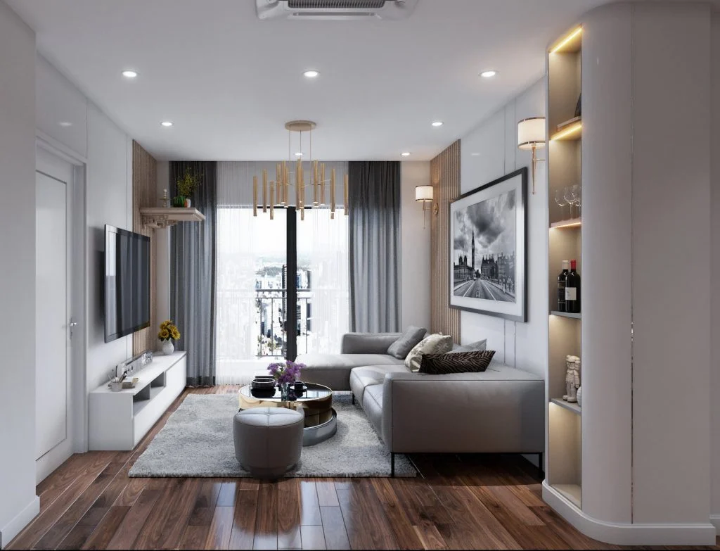 Phòng khách căn hộ Mễ Trì với sofa chữ L, kệ tivi thấp và cửa kính cuối phòng