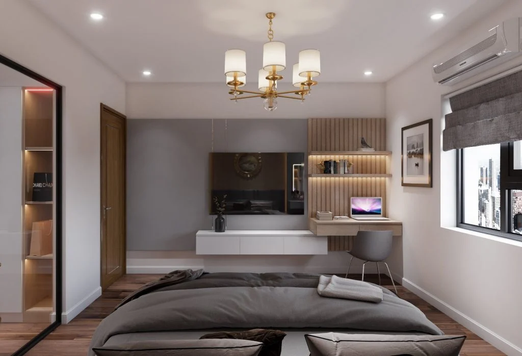 Góc làm việc cạnh cửa sổ và kệ tivi trong phòng ngủ lớn