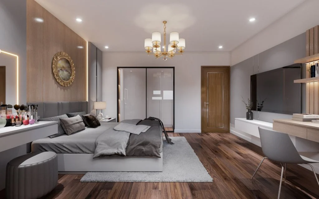 Bố trí giường, bàn trang điểm và hệ tủ trong phòng ngủ lớn