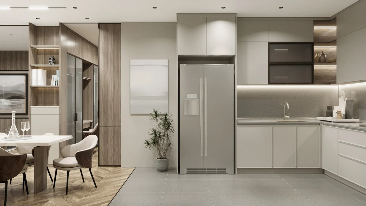 Phối cảnh bếp với cánh tủ phẳng, tủ lạnh và dải sáng chạy dưới tủ trên