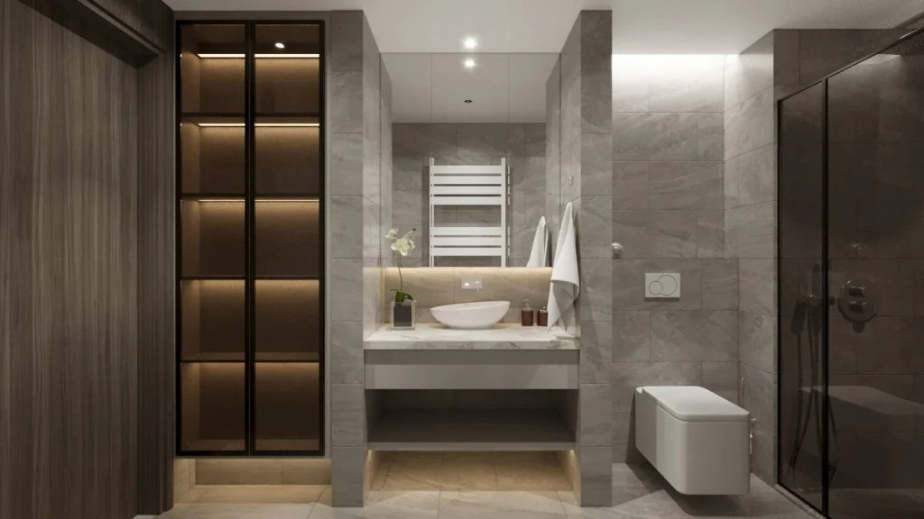 Phối cảnh gương phía trên lavabo và khoảng đứng trong phòng tắm