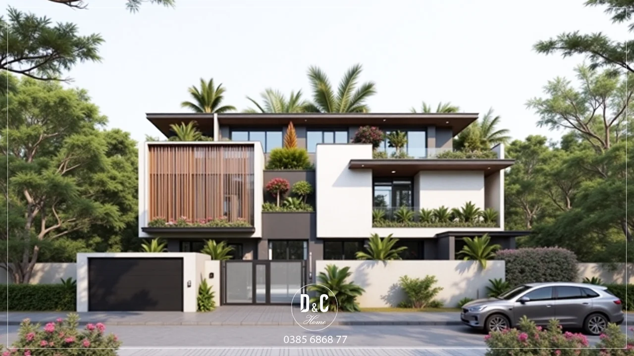 Phối cảnh nhà hiện đại trải ngang có các mái lam trên tầng trên cùng