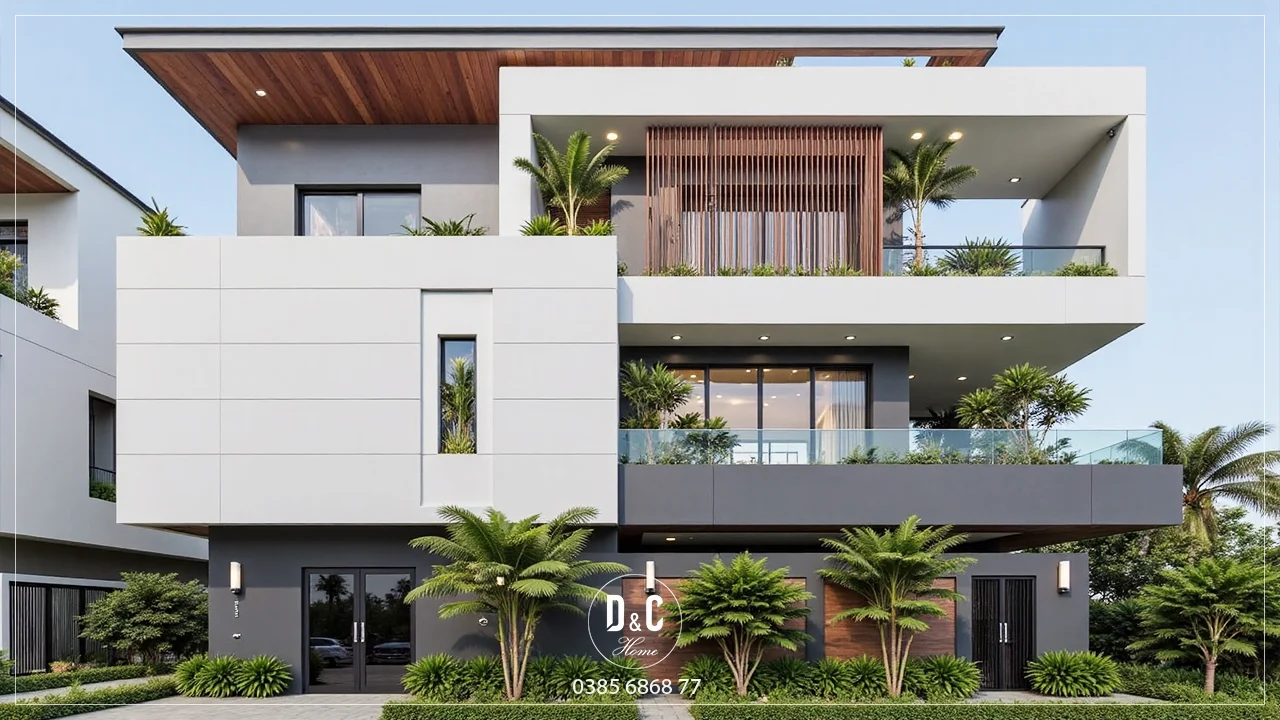 Phối cảnh biệt thự hiện đại với sân vườn, các mảng tường sáng màu và điểm nhấn gỗ