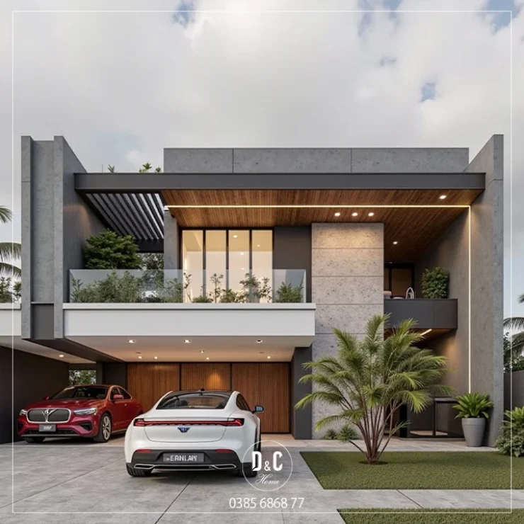 Phối cảnh nhà hiện đại có sân trước lát nền và ô tô dưới khối tầng trên