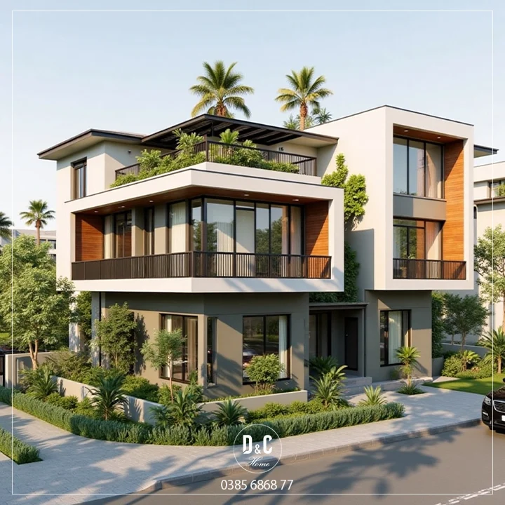 Nhà hiện đại với hai mặt đứng thoáng, cửa kính và ban công xanh