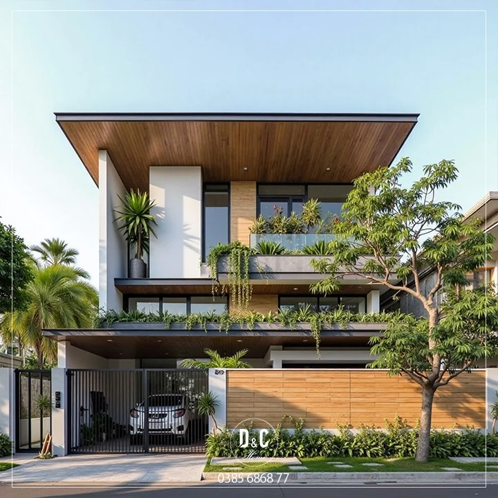 Phối cảnh biệt thự hiện đại với các hình khối kiến trúc gọn và những khoảng mở