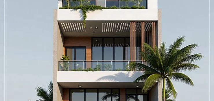 Sân thượng nhà phố có mái lam và cây xanh