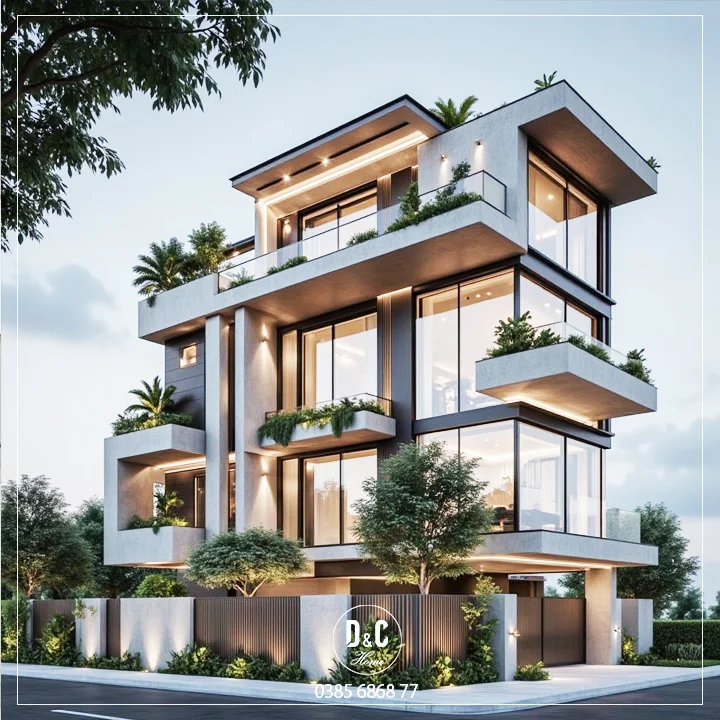 Phối cảnh kiến trúc nguồn: các khối chữ nhật xếp lệch, kính ở góc và ban công trồng cây
