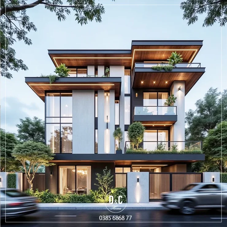 Phối cảnh biệt thự hiện đại với nhiều mái đua ngang và khối kính cao