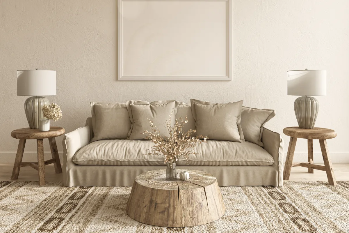 Sofa vải màu be phối bàn gỗ tròn, thảm dệt và hai đèn bàn