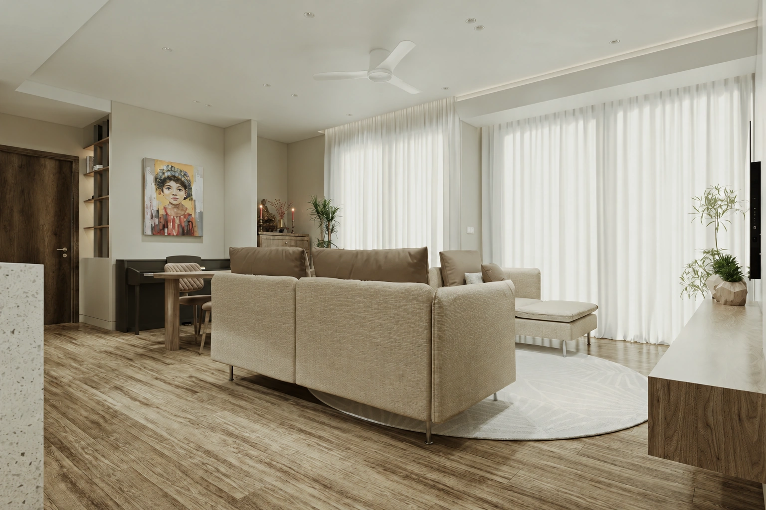 Góc nhìn sau sofa màu be, bàn ăn và tủ tivi trong không gian liên thông