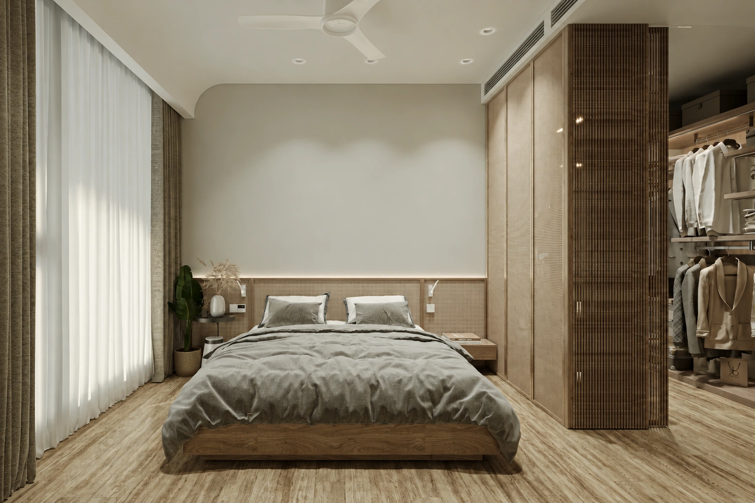 Phòng ngủ giường đôi phối vân gỗ, rèm hai lớp và khu tủ quần áo