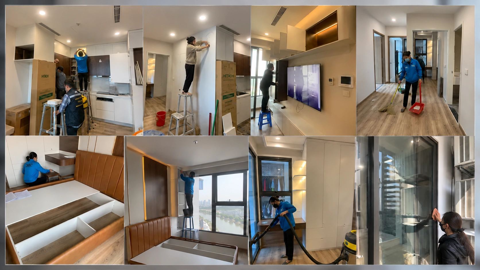 Ảnh ghép các công đoạn lắp nội thất, kiểm tra và vệ sinh căn hộ