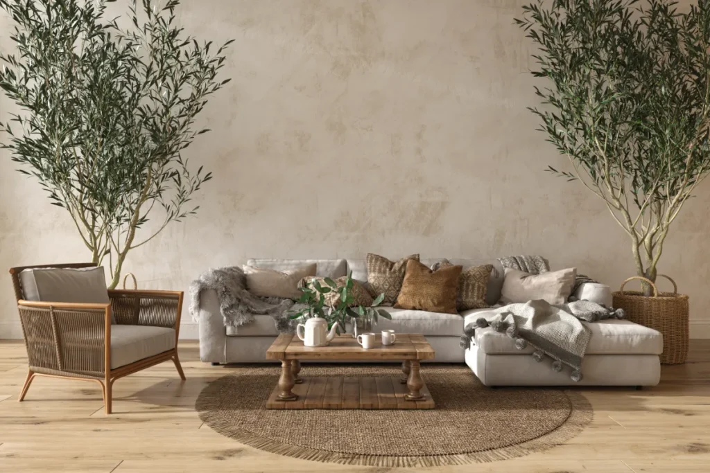 Phòng khách với sofa góc sáng màu, bàn trà gỗ, ghế bành và thảm tròn