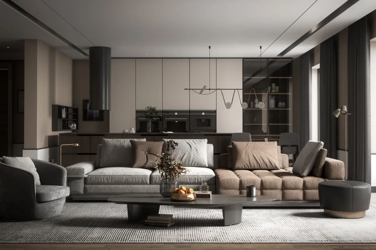 Phòng khách có sofa xám và nâu, bàn trà thấp, nối với khu bếp màu tối