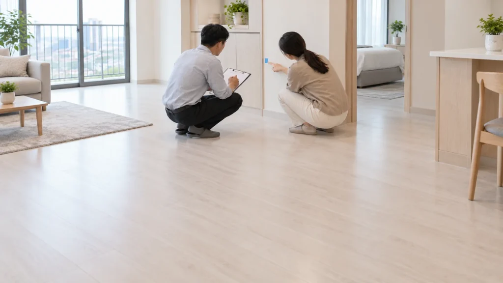 Minh họa hai người ghi nhận vị trí bên cạnh tủ bằng bảng kẹp giấy trong căn hộ